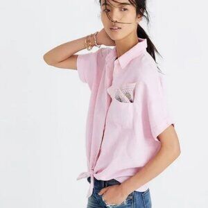Madewell Linen Short Sleeve Tie Front Shirt Pink XS